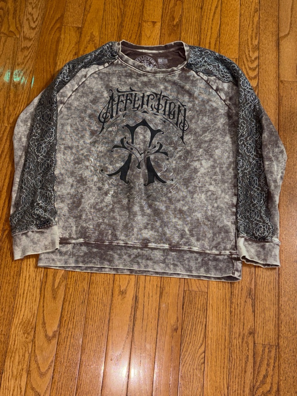Affliction Women's Gray Washed Crewneck with Black Graphic